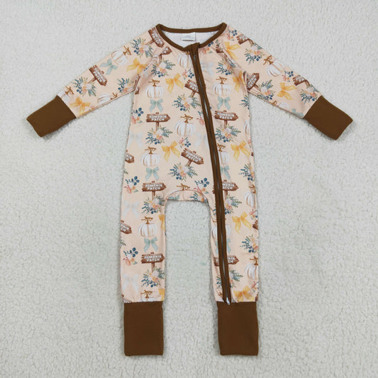 Custom moq 20 bamboo Autumn pumpkin patch flowers zipper long sleeve girls  romper