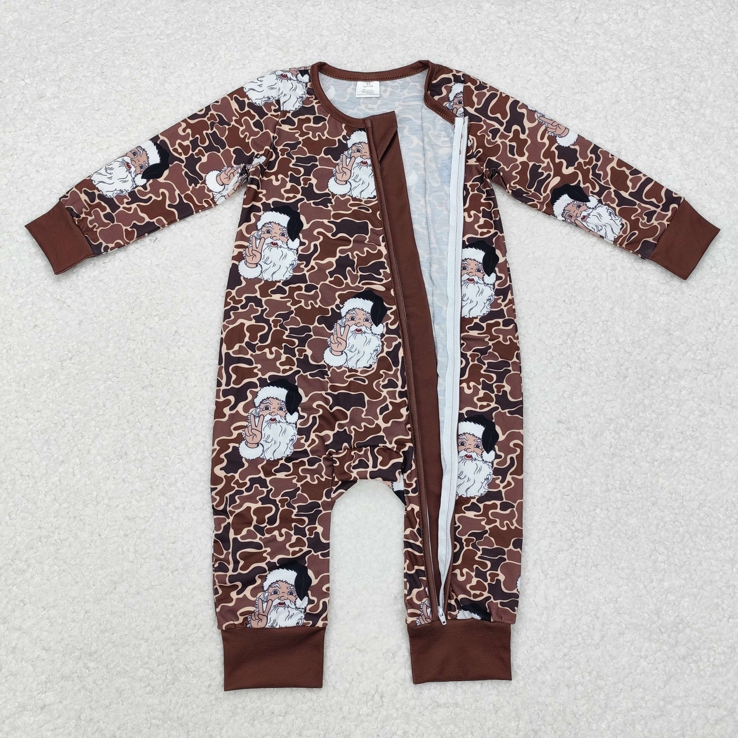 bamboo LR1820 Christmas Santa camo brown long sleeve zipper boys romper