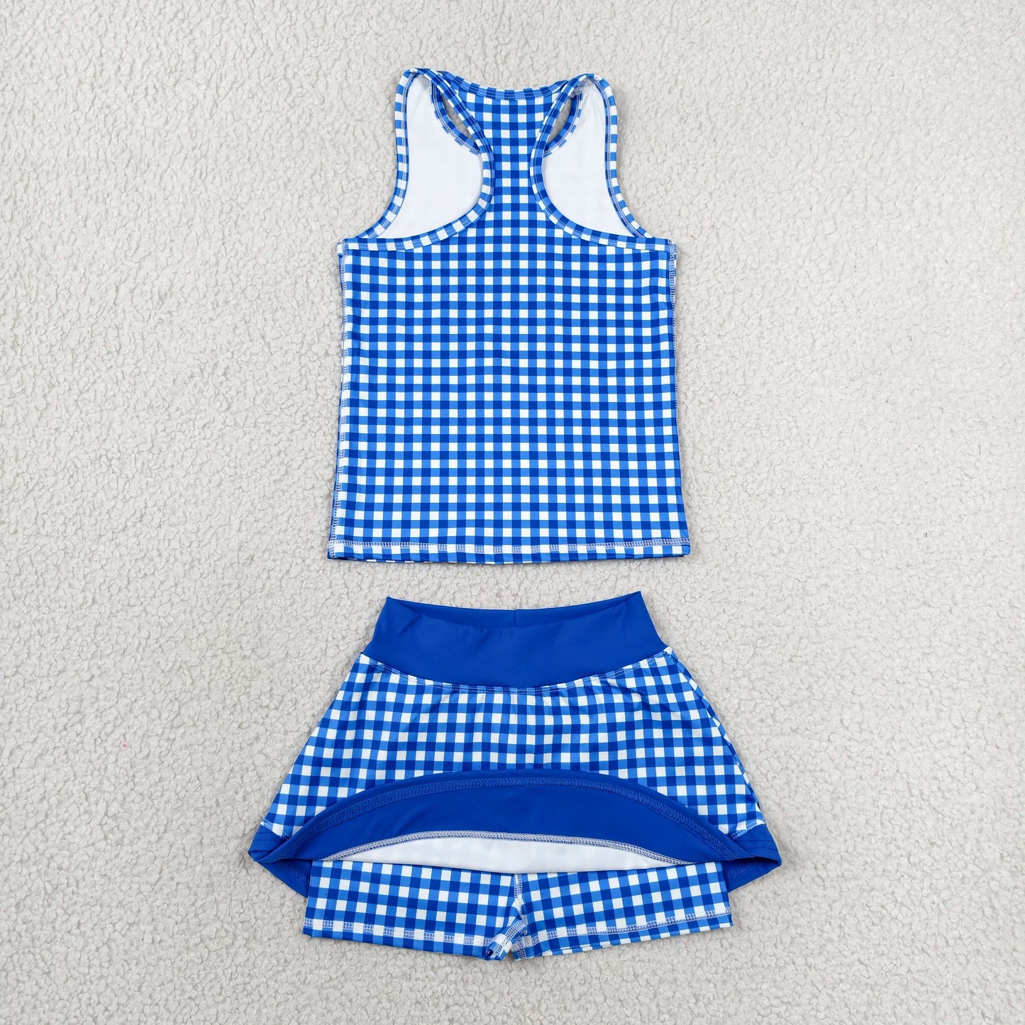 GSD3652 Yoga Blue Checkered Sleeveless Skorts Girls Set