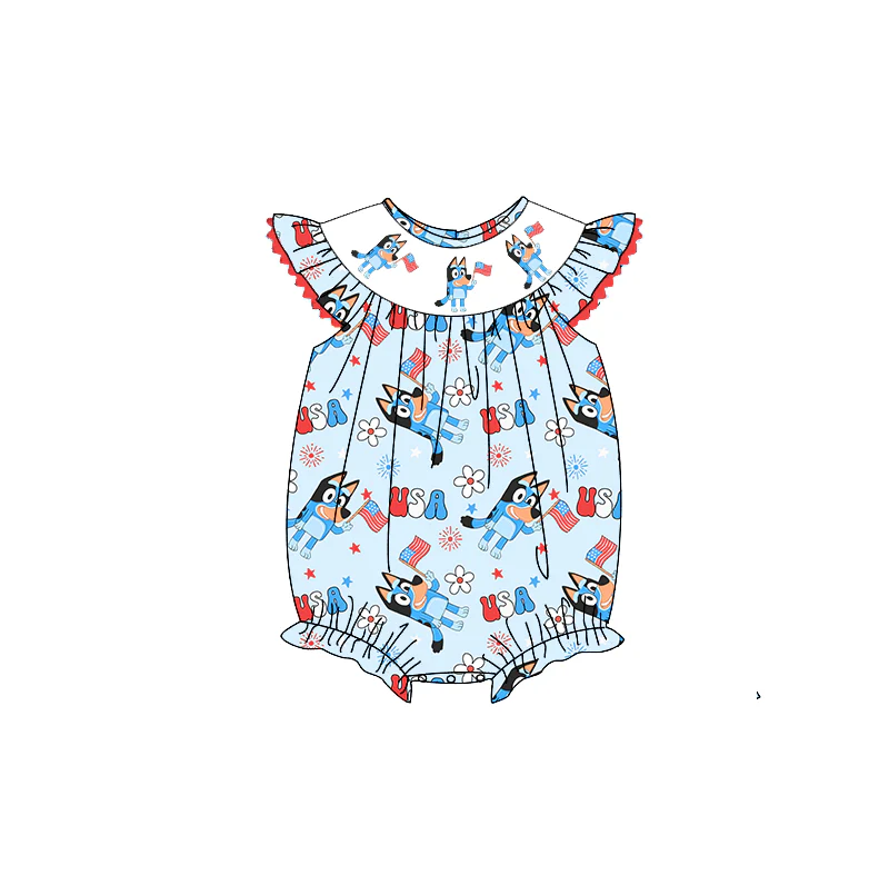 custom style July 4th blue dog flag blue girls romper