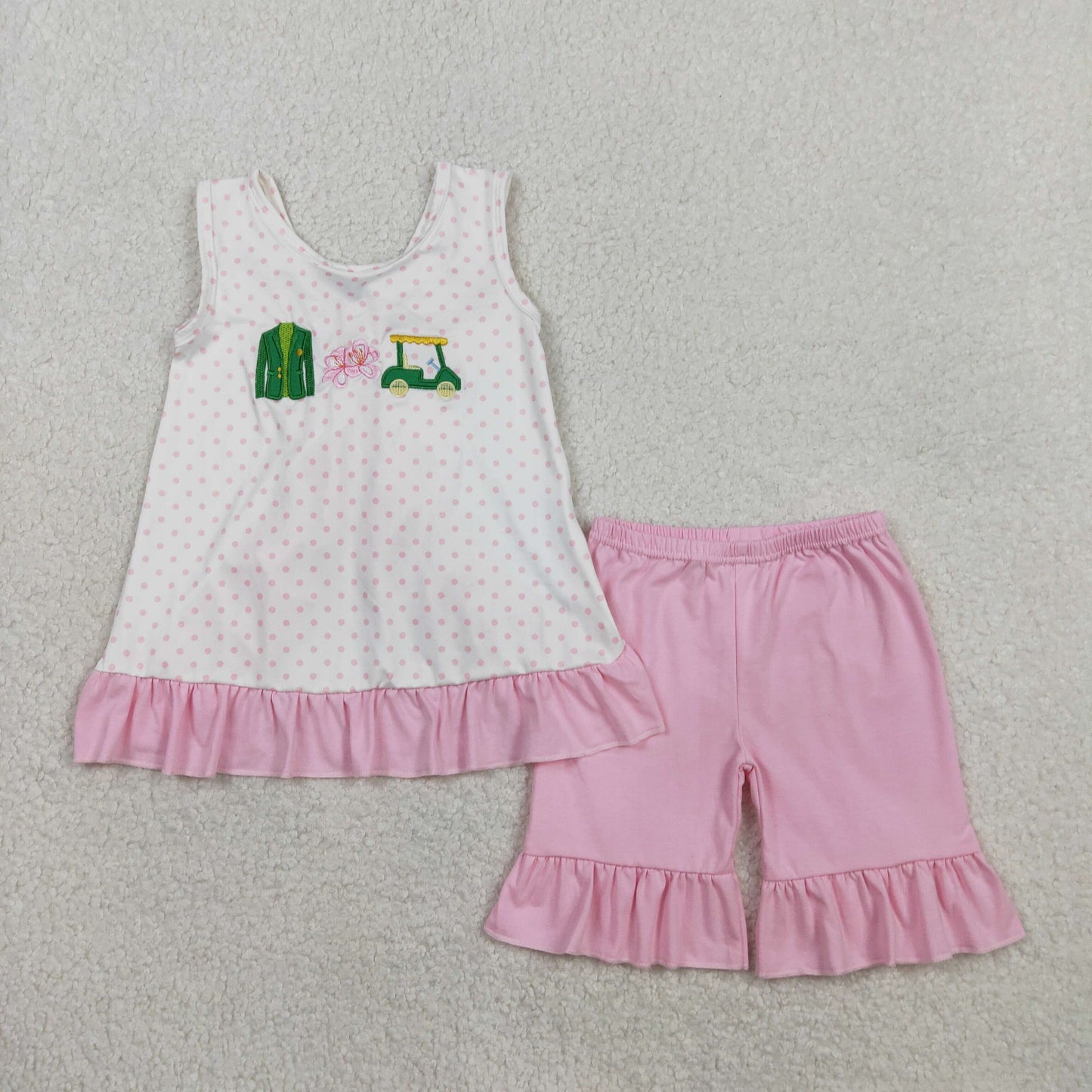 Embroidery GSSO2884 Golf Sleeveless With Bow Pink Shorts Girls Set