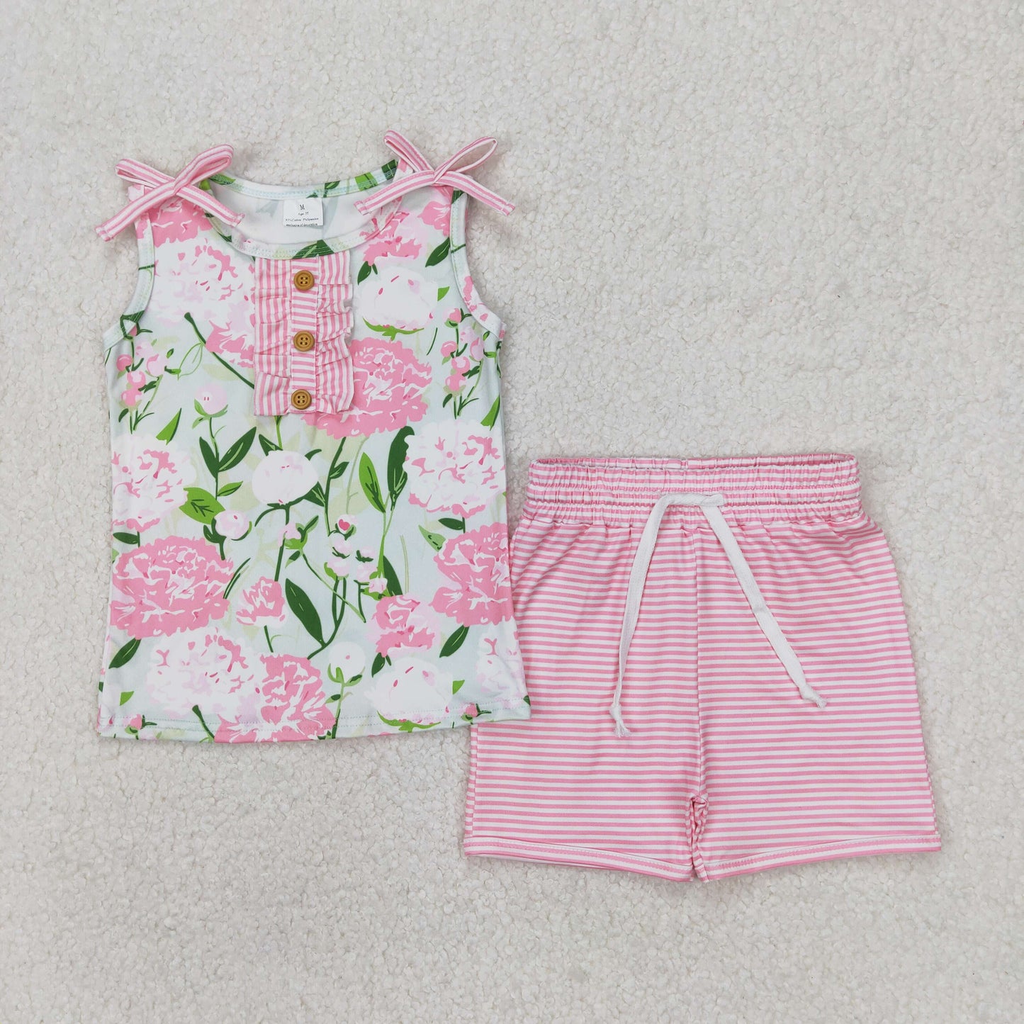 GSSO2357 pink flowers sleeveless pink striped shorts girls set