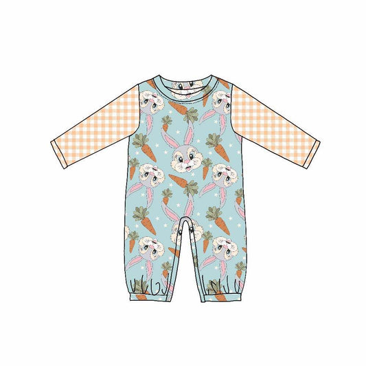 Custom Easter Rabbit Carrot Checkered Long Sleeve Girls Romper