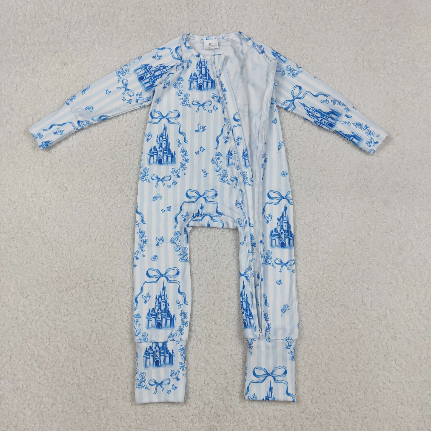 LR2661 cartoon castle bows blue zipper long sleeve girls romper