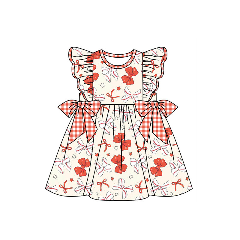 custom moq 3 Baseball Bows Red Bows Flutter Sleeve Girls Dress