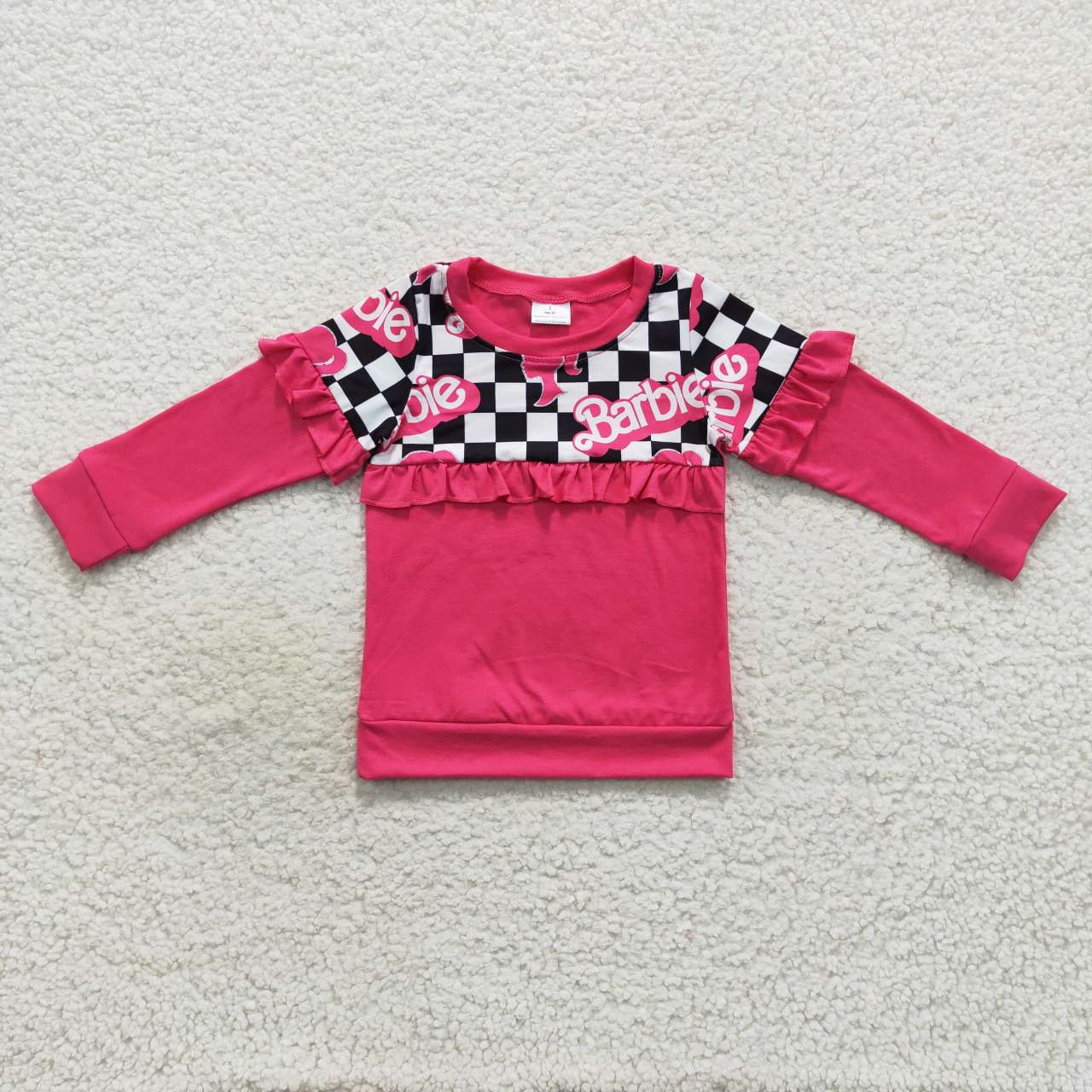 GT0296 BA black plaid hot pink long sleeve girls top