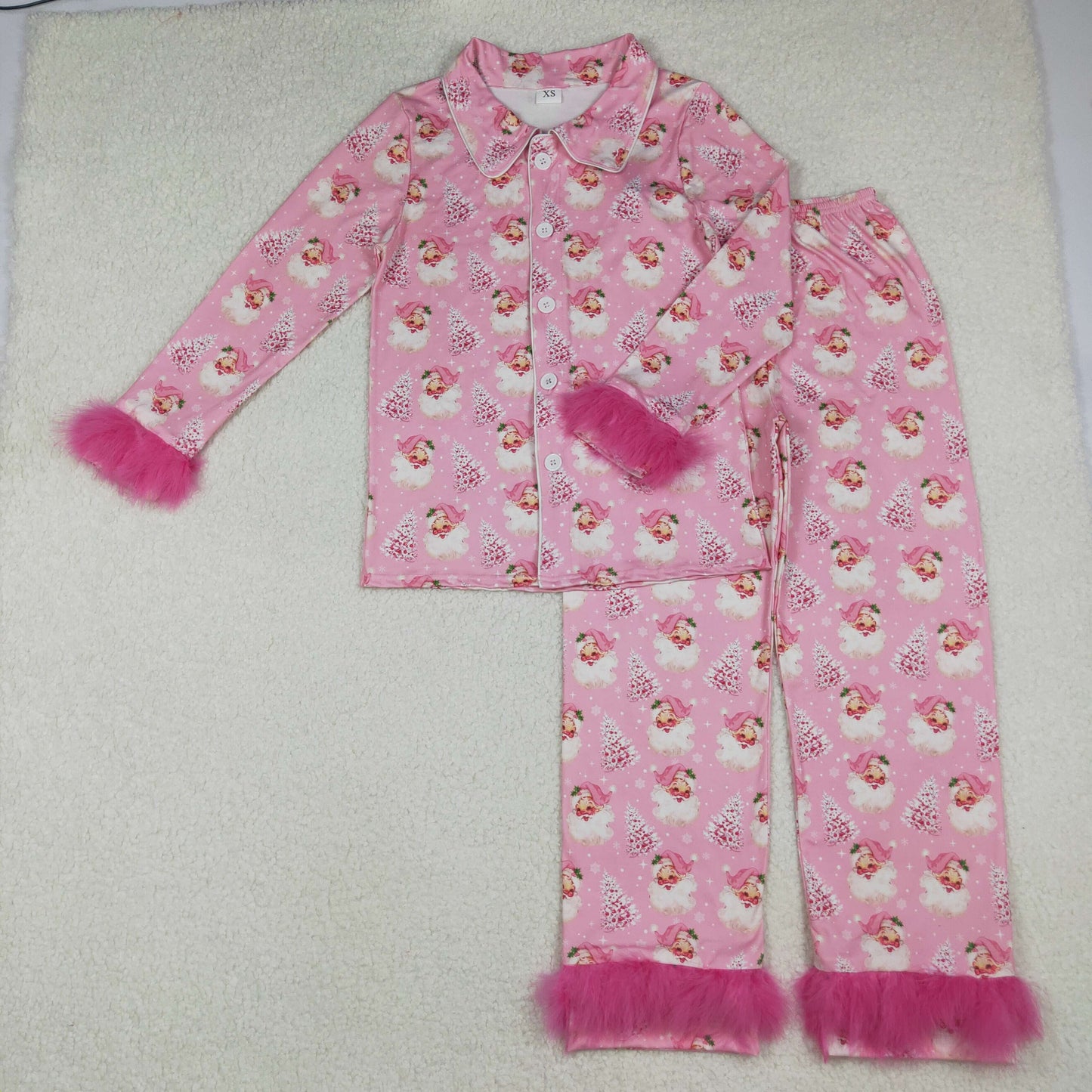GLP2718 Christmas Santa tree pink long sleeve pants fur women pajamas