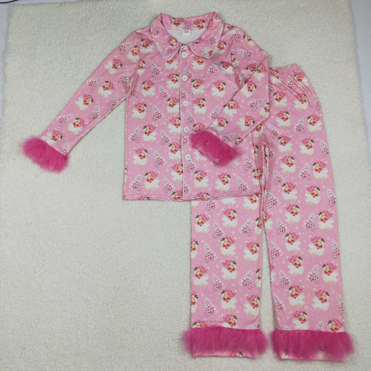 GLP2718 Christmas Santa tree pink long sleeve pants fur women pajamas