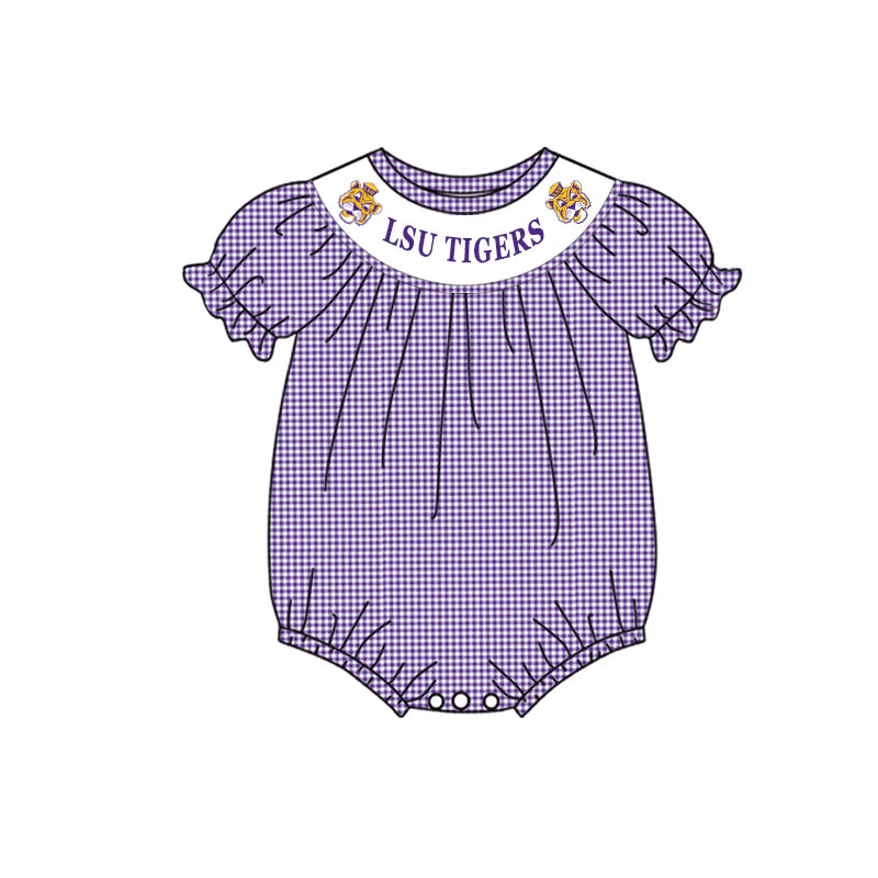 custom S LSU TIGERS purple checkered short sleeve girls romper