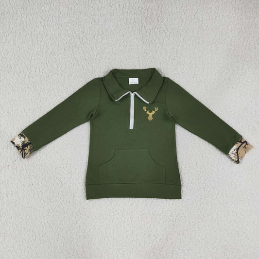GT1694 Deer Green Pocket Zipper Long Sleeve Girls Top
