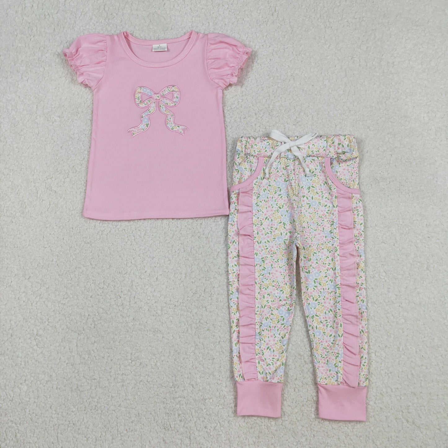 embroidery GSPO2060 floral bows pink short sleeve floral pants girls set