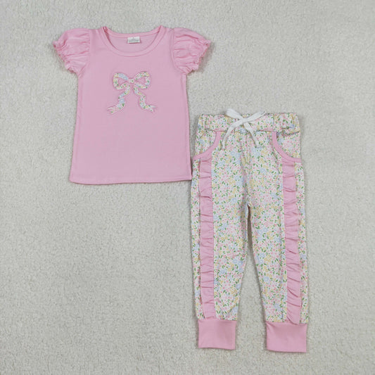 embroidery GSPO2060 floral bows pink short sleeve floral pants girls set