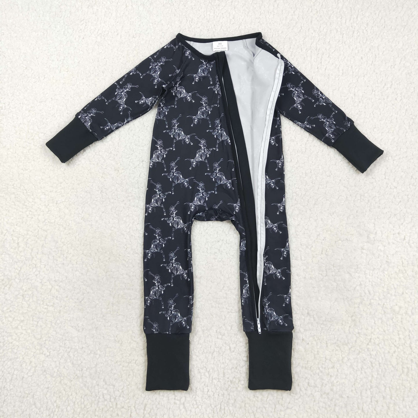 Custom moq 20 bamboo Halloween skull rodeo black zipper long sleeve girls romper