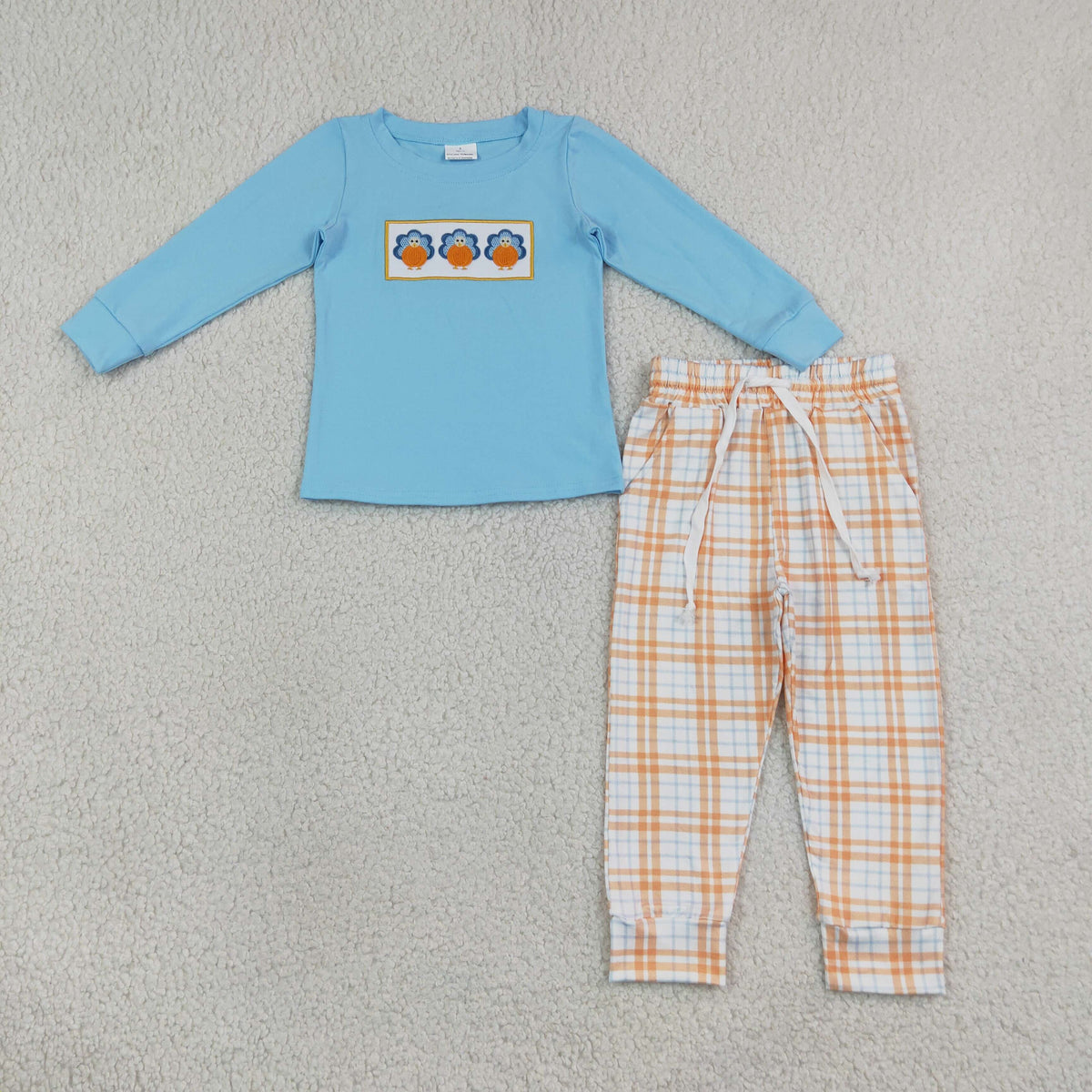 Embroidery BLP1498 Turkey Blue Long Sleeve Orange Checkered Pants Boys Set