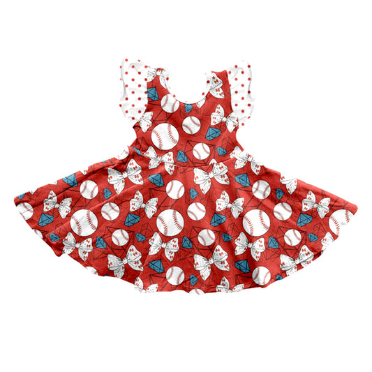 preorder GSD0641 Baseball Bow Gem Red Flutter Sleeve Girls Dress
