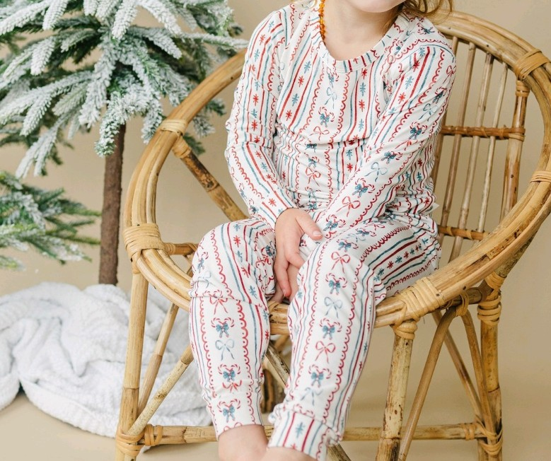 preorder GLP2153 Christmas cane candy bows red green long sleeve pants girls pajamas