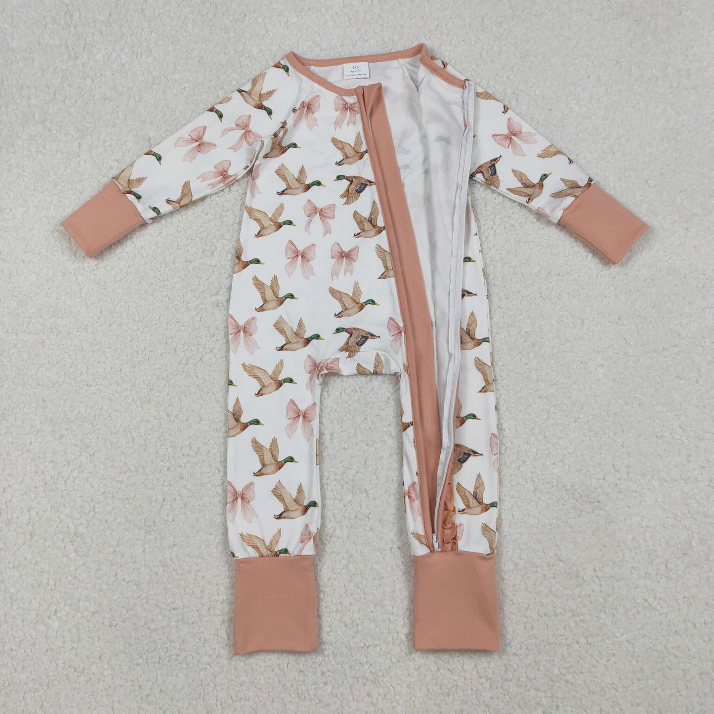 LR2545 hunting mallard duck bows pink zipper long sleeve girls romper