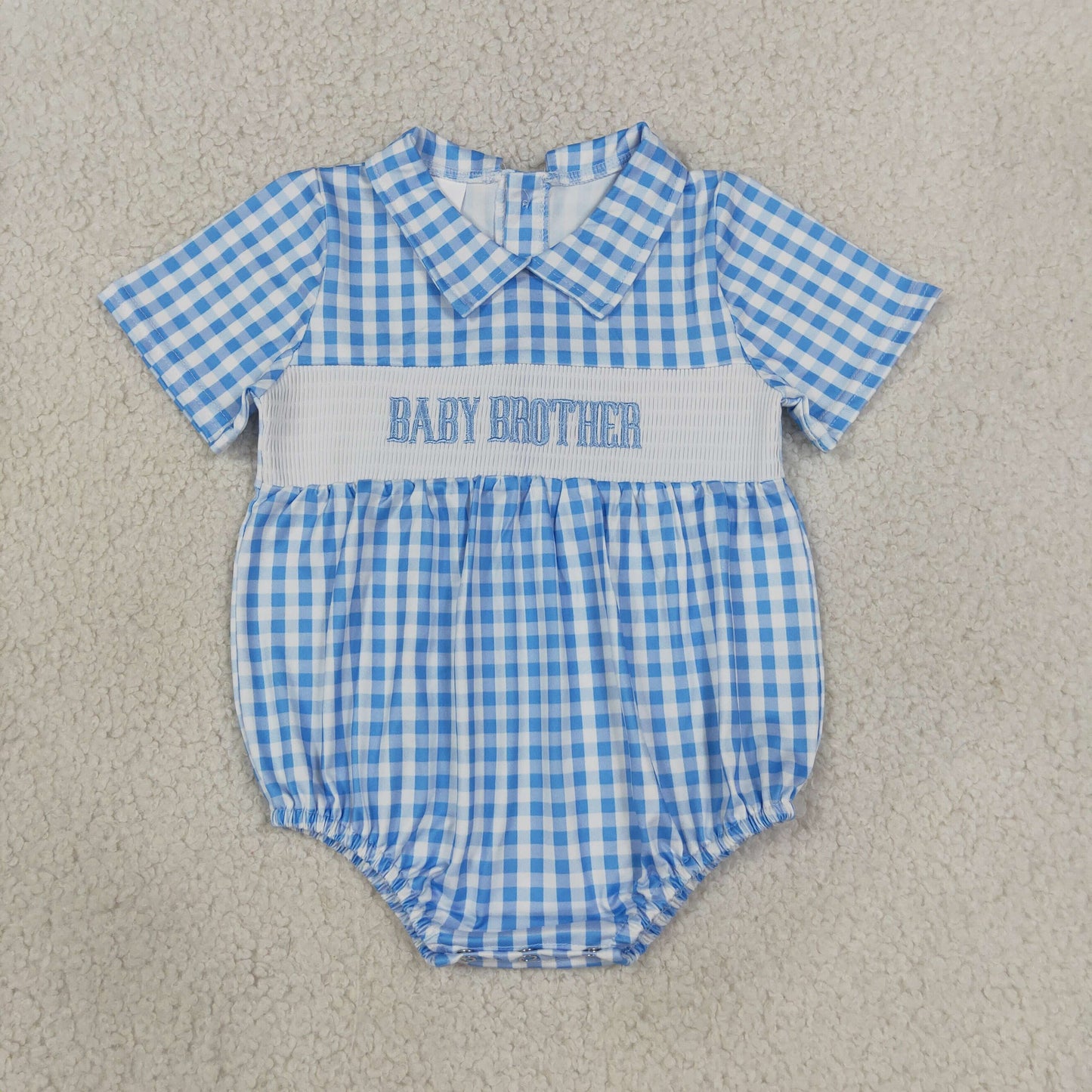 Embroidery Smocked SR4231 Smocked Embroidery Baby Brother Checkered Short Sleeve Boys Romper