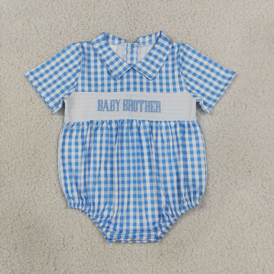 Embroidery Smocked SR4231 Smocked Embroidery Baby Brother Checkered Short Sleeve Boys Romper