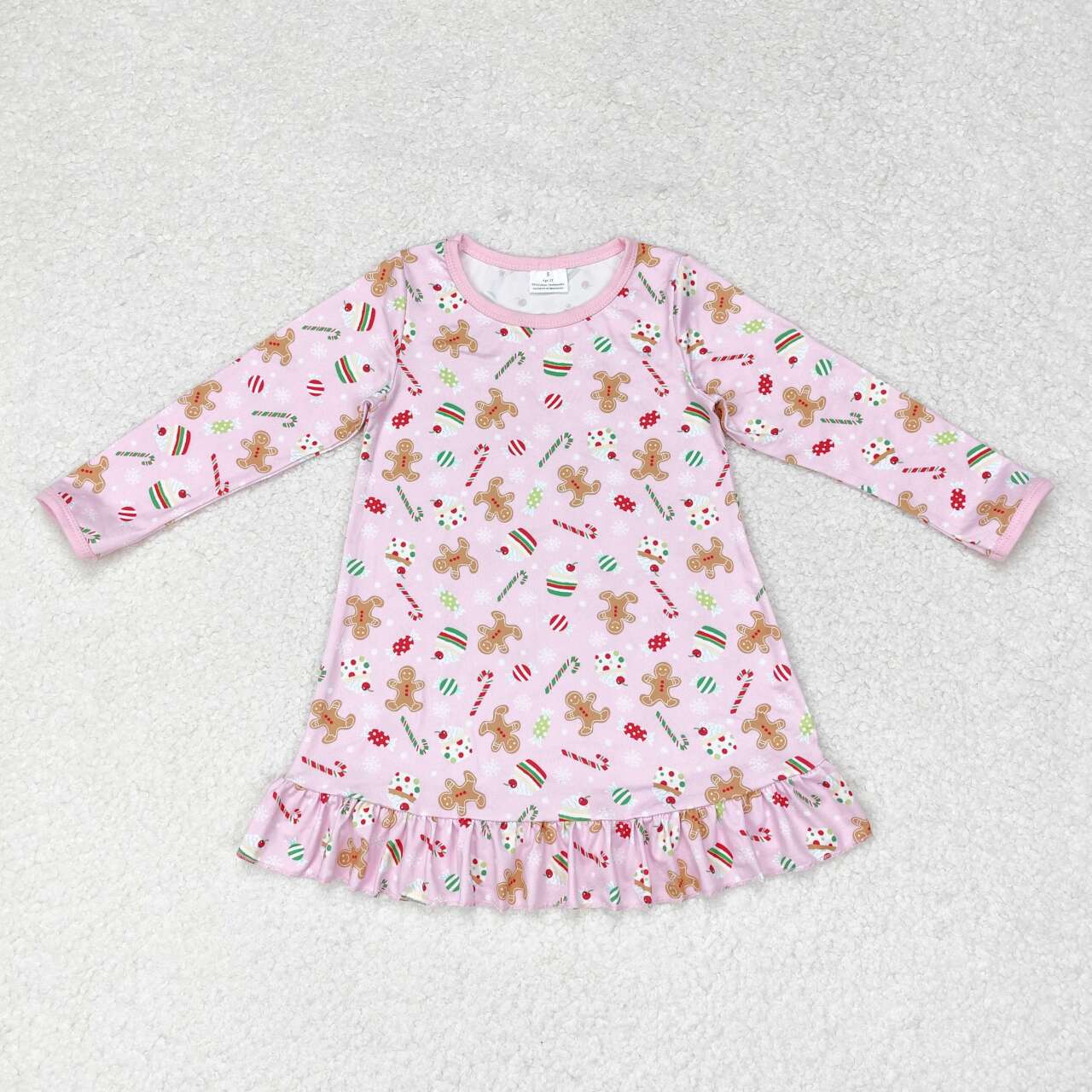 GLD0550 Christmas gingerbread man cane candy pink long sleeve girls dress