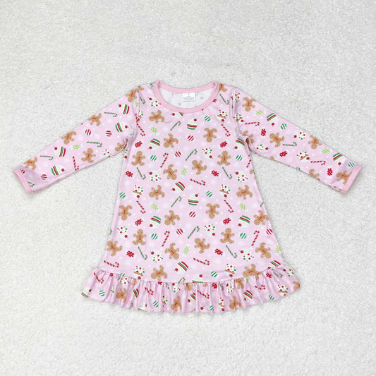 GLD0550 Christmas gingerbread man cane candy pink long sleeve girls dress