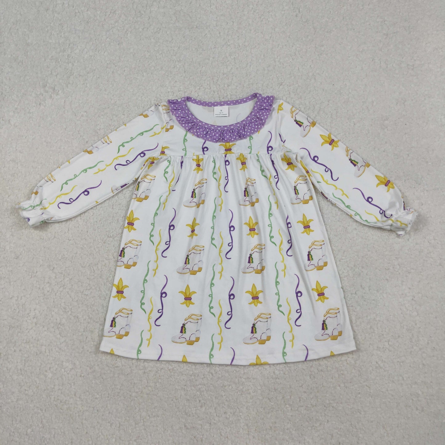 GLD0947 Mardi Gras purple yellow print long sleeve girls dress