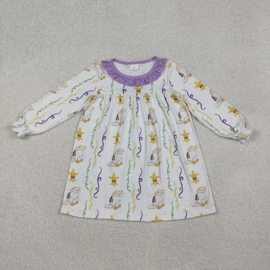 GLD0947 Mardi Gras purple yellow print long sleeve girls dress