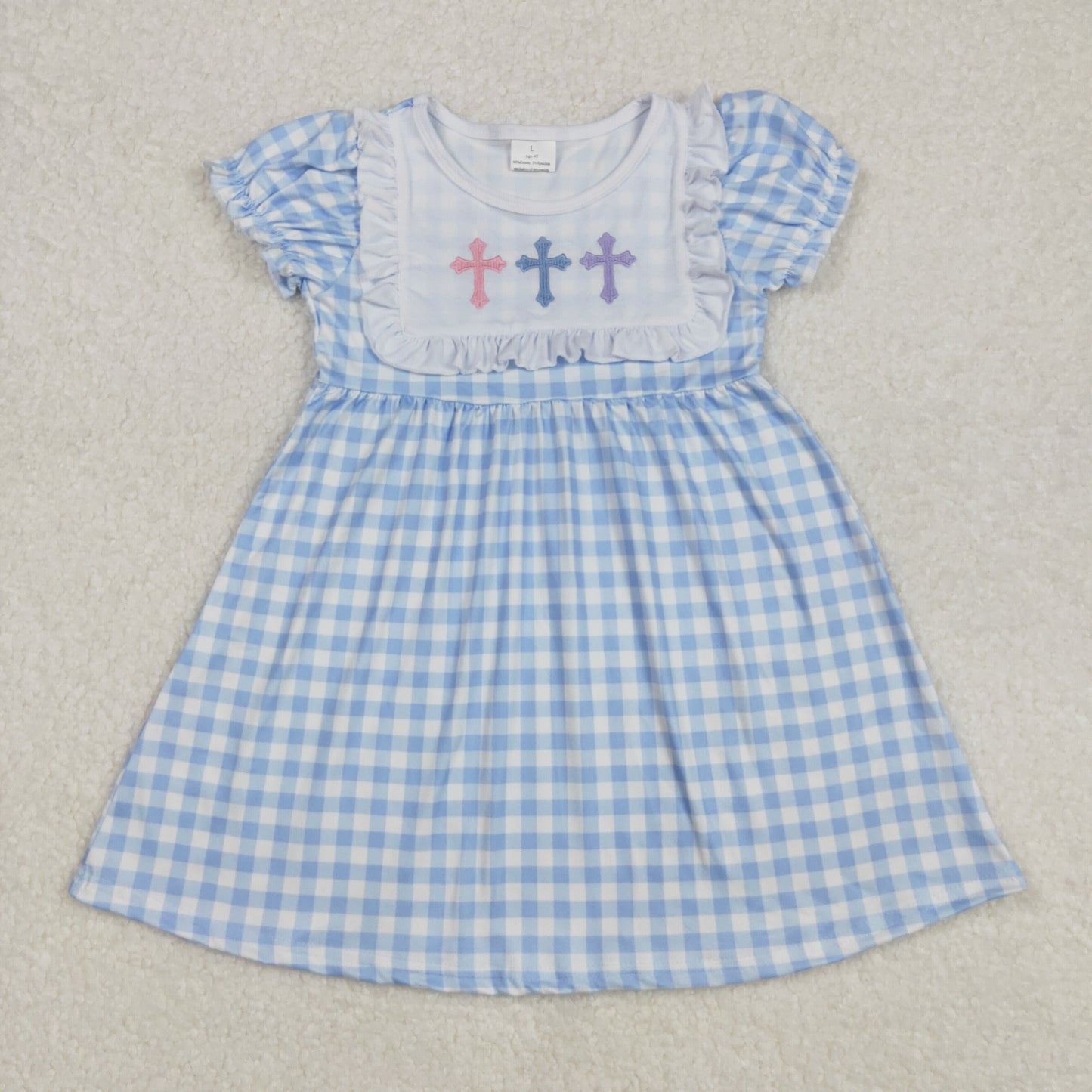 embroidery GSD1522 Easter cross blue checkered short sleeve girls dress