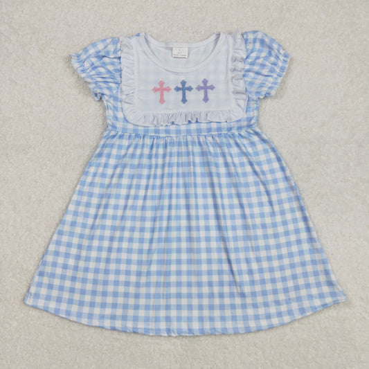 embroidery GSD1522 Easter cross blue checkered short sleeve girls dress
