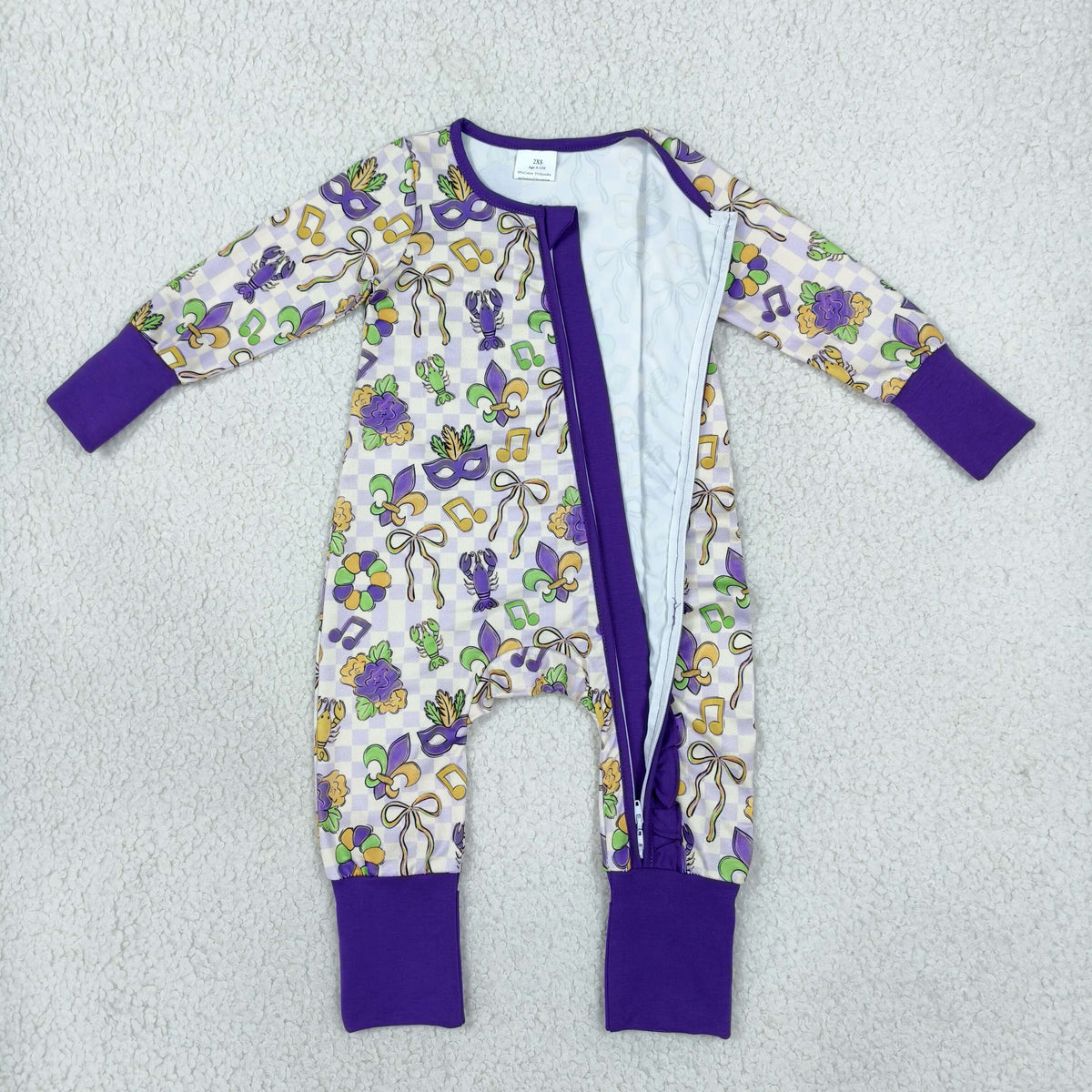 LR3335 Mardi Gras Crayfish Checkered Zipper Long Sleeve Girls Romper