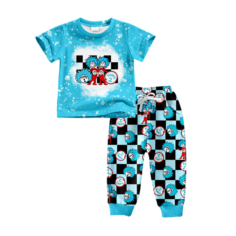 preorder BSPO0231 Dr. cartoom blue short sleeve checkered pants boys set