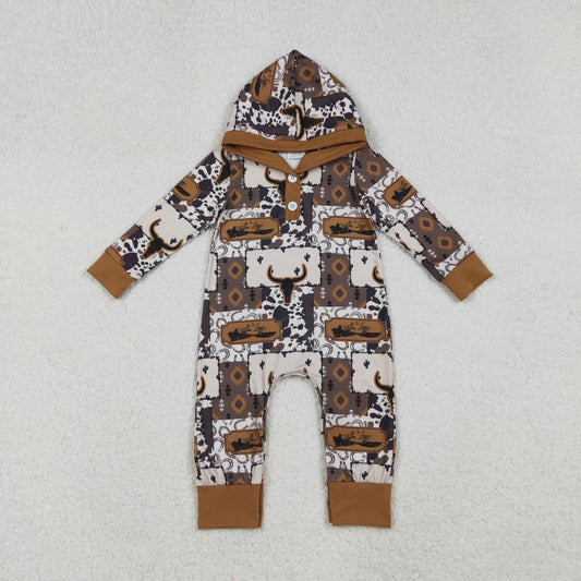 LR2592 Western cow aztec hoodie long sleeve boys romper