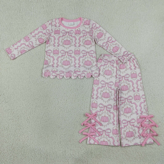 GLP3437 Pumpkin Bows Pink Long Sleeve Pants Girls Set