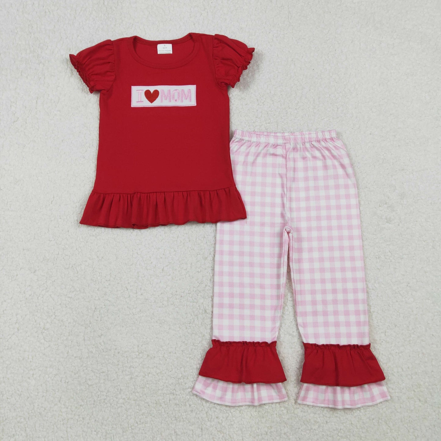 embroidery GSPO2071 i love mom red short sleeve pink checkered ruffles pants girls set