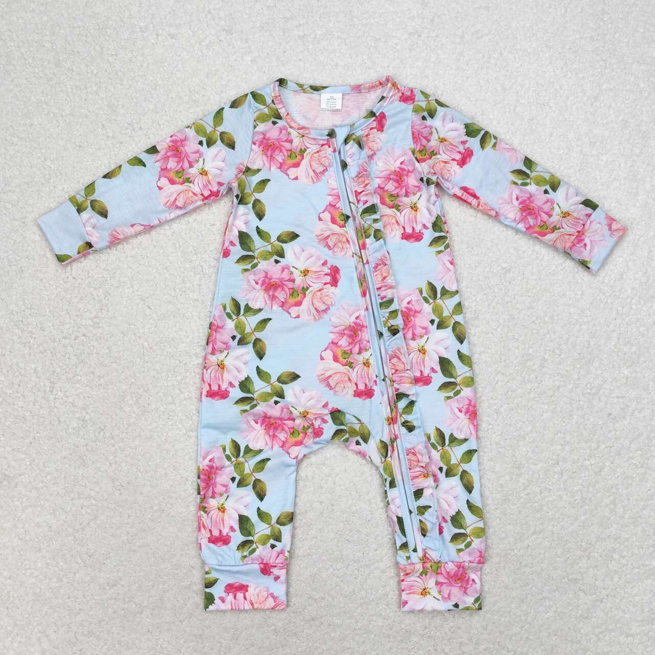 LR0880 Blue Flowers Long Sleeve Zipper Girls Romper