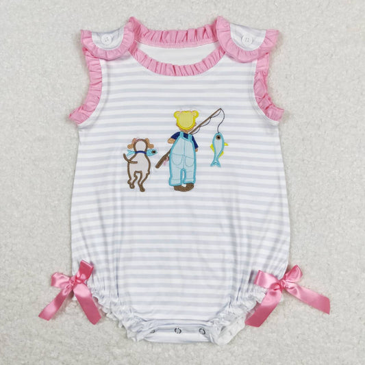 USA SHOP SR0643 Embroidery Fishing pink sleeveless girls romper