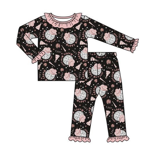 Custom moq 20 bamboo Happy new year Western light black pink long sleeve pants girls pajamas