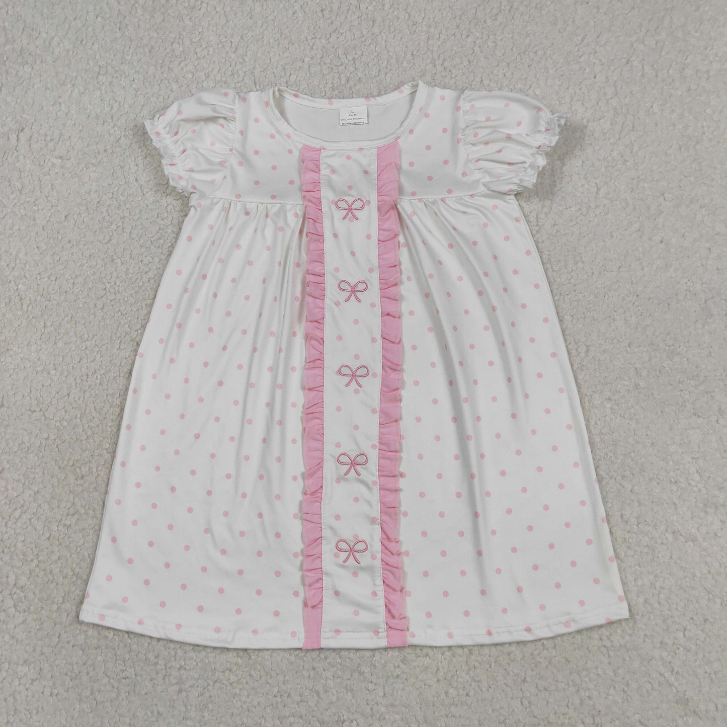 Embroidery GSD3312 Pink Bows Dot Short Sleeve Girls  Dress
