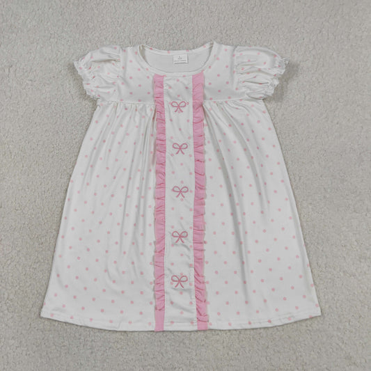 Embroidery GSD3312 Pink Bows Dot Short Sleeve Girls  Dress