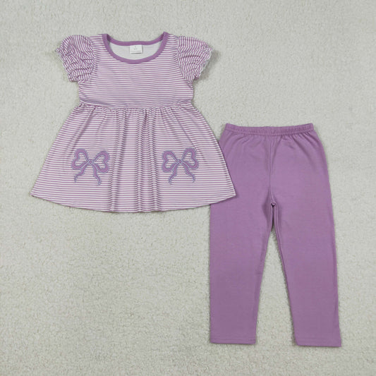 Embroidery GSPO2153 purple striped bows striped pants girls set