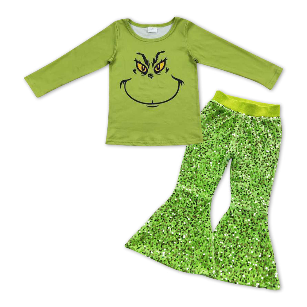 Christmas GLP1006 green face long sleeve green sequin pants girls set