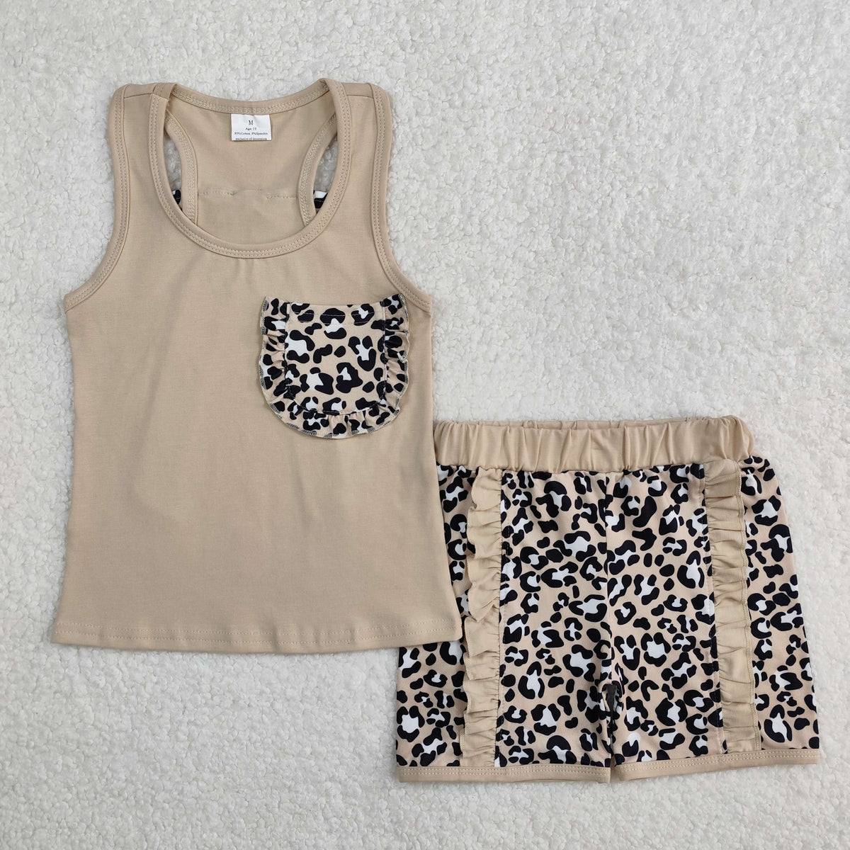 GSSO1979 Khaki Pocket With Bows Top Leopard Shorts Girls Set