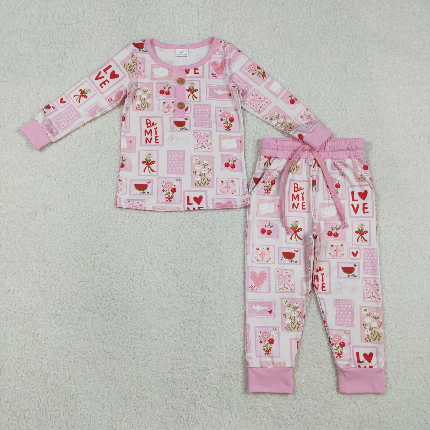GLP2946 Valentine's Day be mine bows heart flowers pink long sleeve pants girls pajamas