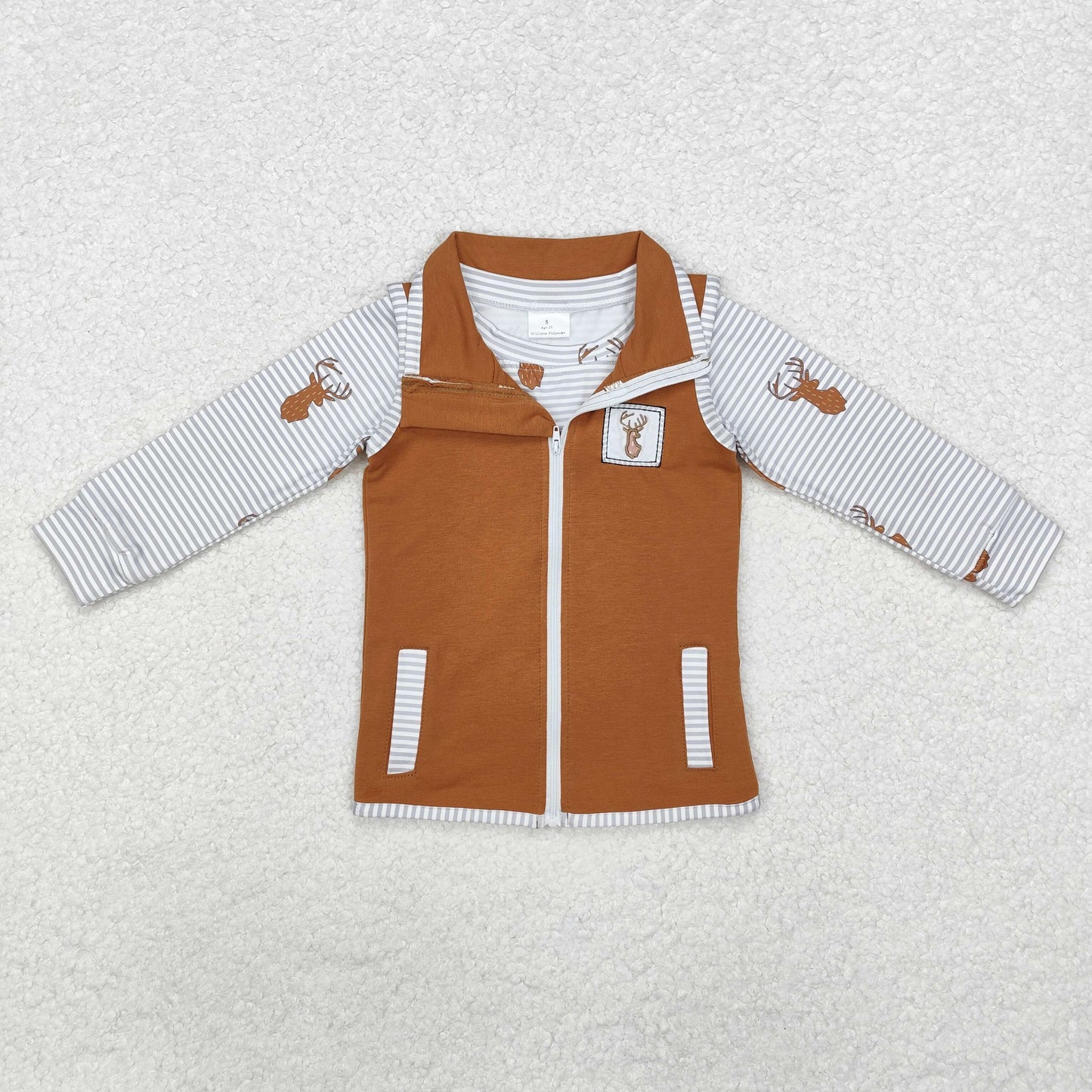 embroidery BT0858 hunting deer striped long sleeve brown zipper boys coat 2pcs