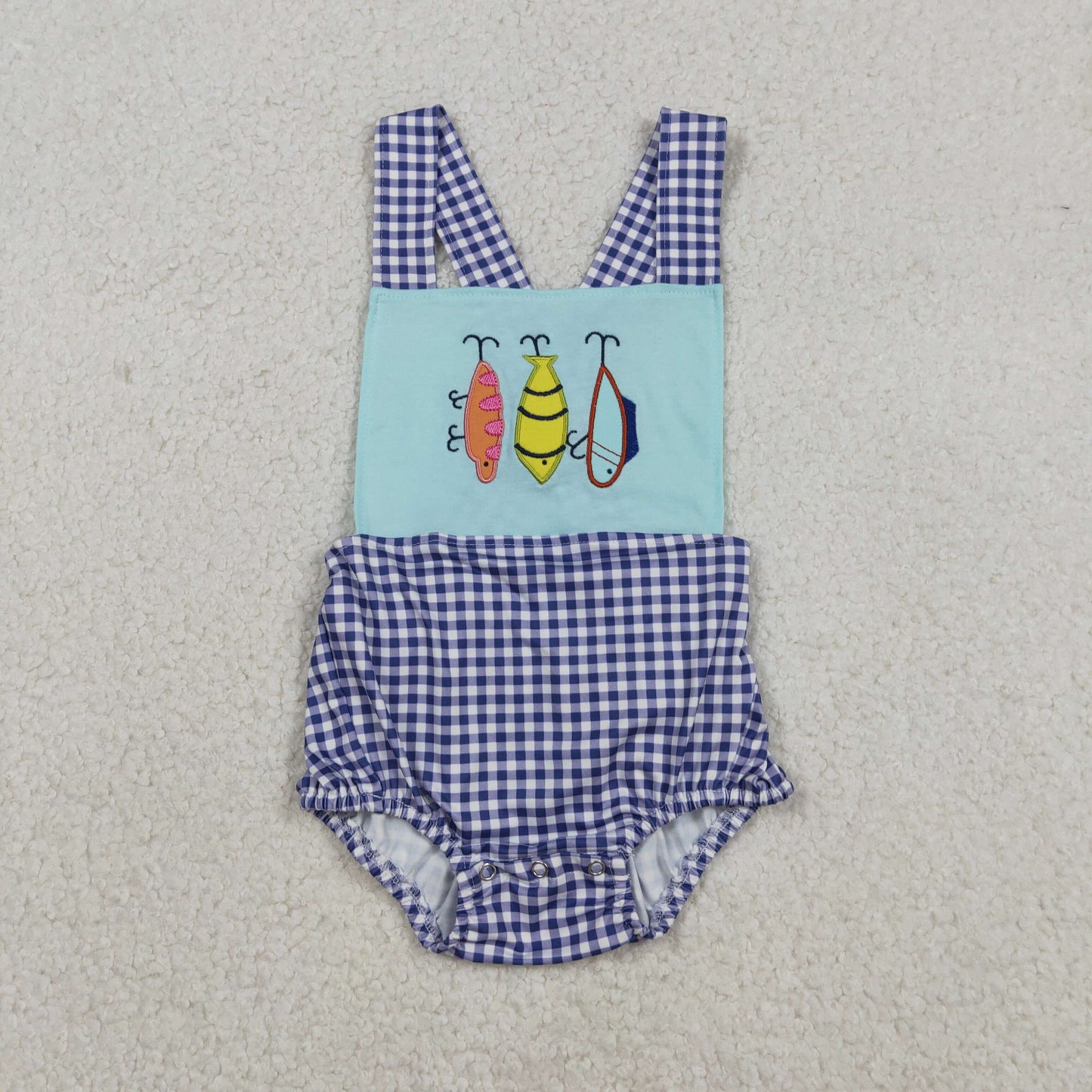Embroidery SR3413 fish blue checkered girls romper