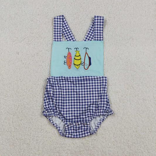 Embroidery SR3413 fish blue checkered girls romper