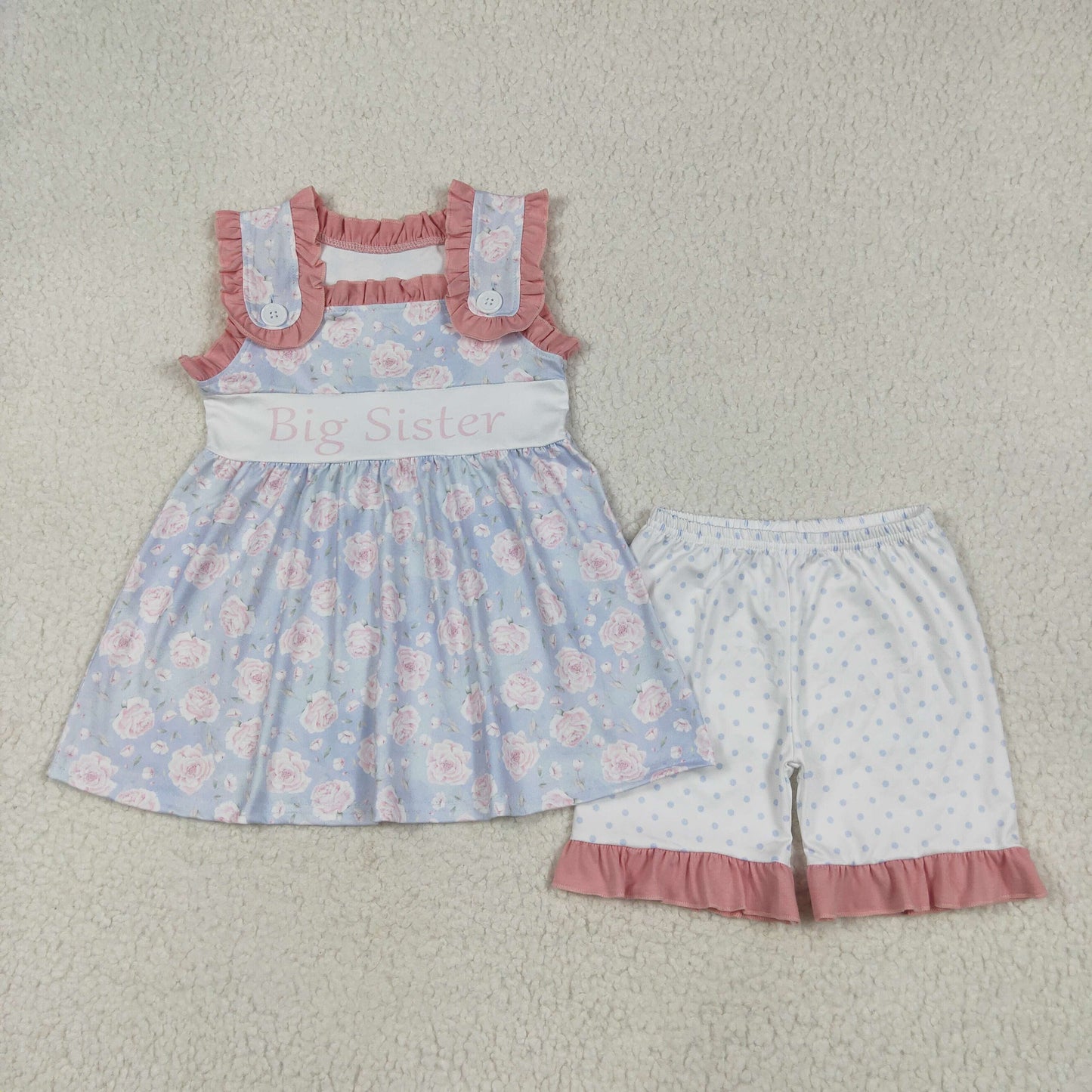 GSSO2350 big sister flowers blue sleeveless dot shorts girls set
