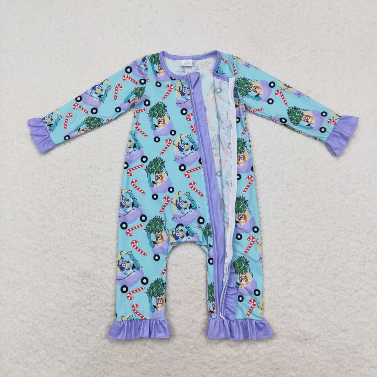 bamboo LR1419 Christmas blue dog cane candy long sleeve zipper girls romper