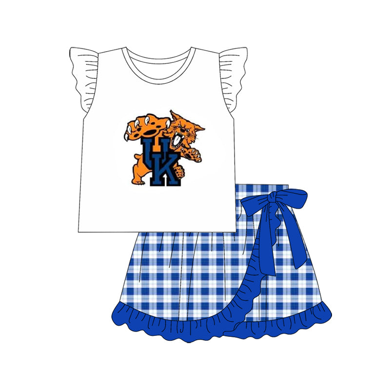 Cutom Moq 3 Football Team Wild Cats Flutter Sleeve Blue Checkered Skirt Bow Girls Set