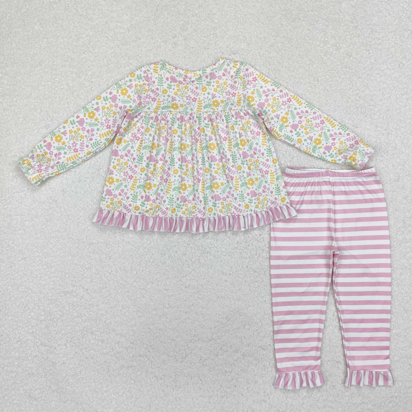 Custom moq 20 bamboo colorful flowers pink long sleeve pink striped pants girls set